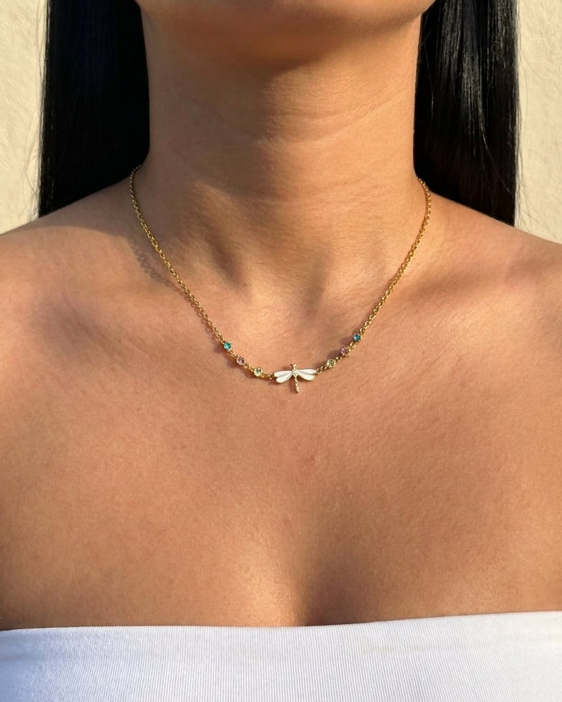 Ethna Dragonfly Shaped Multi Colored Round Zircon Bezel Set Beads Pendant Classic Thin Link Chain Gold Necklace
