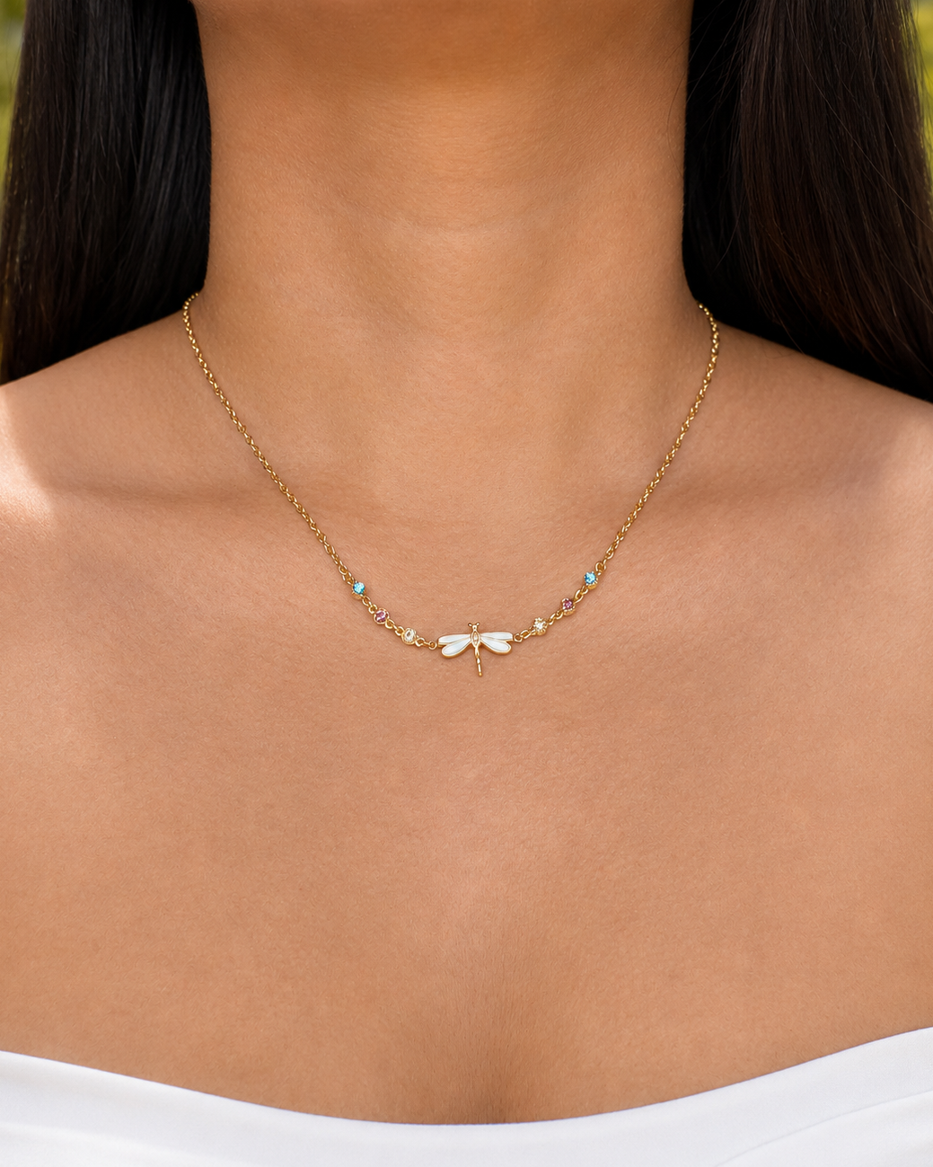 Ethna Dragonfly Shaped Multi Colored Round Zircon Bezel Set Beads Pendant Classic Thin Link Chain Gold Necklace