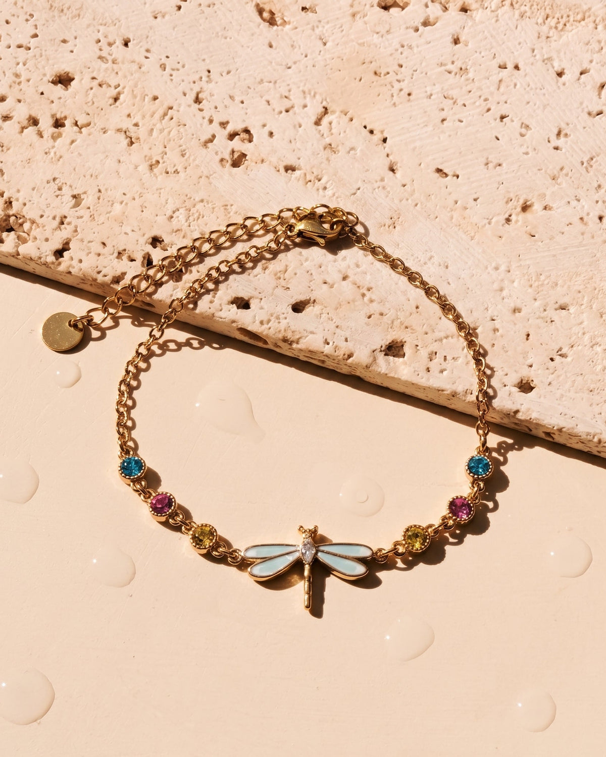 Etty Dragonfly Shaped Multi Colored Round Zircon Bezel Set Beads Pendant Classic Thin Link Chain Gold Bracelet