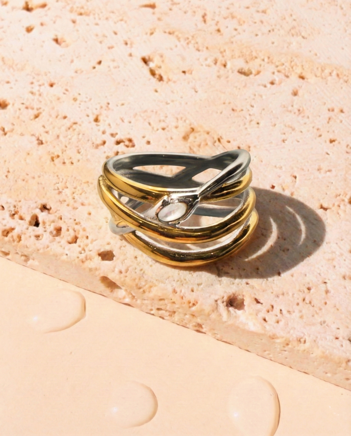 Evania Two Tone Layered Silver Gold Coiled Intertwined Snake Design Ring