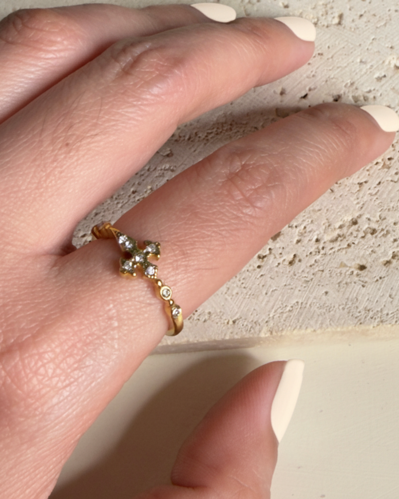 Faline Round Zircon Inlaid Setting Horizontal Cross Design Gold Ring