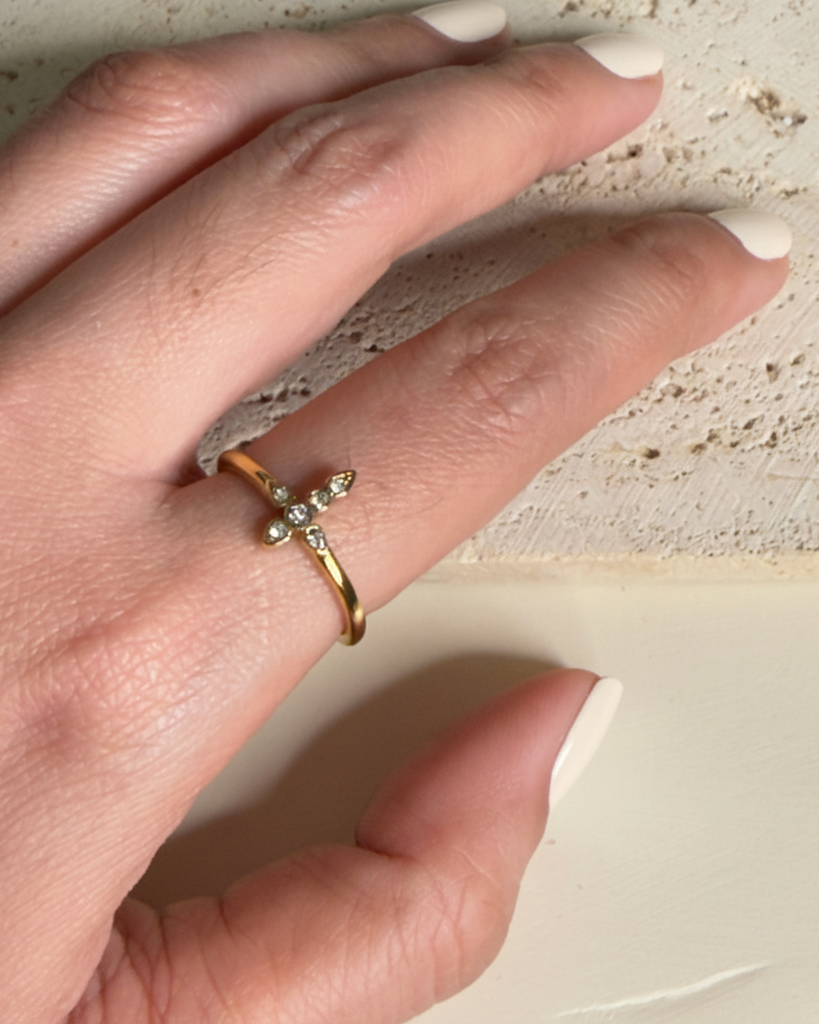 Faryna Round Zircon Inlaid Setting Vertical Cross Design Centerpiece Gold Ring