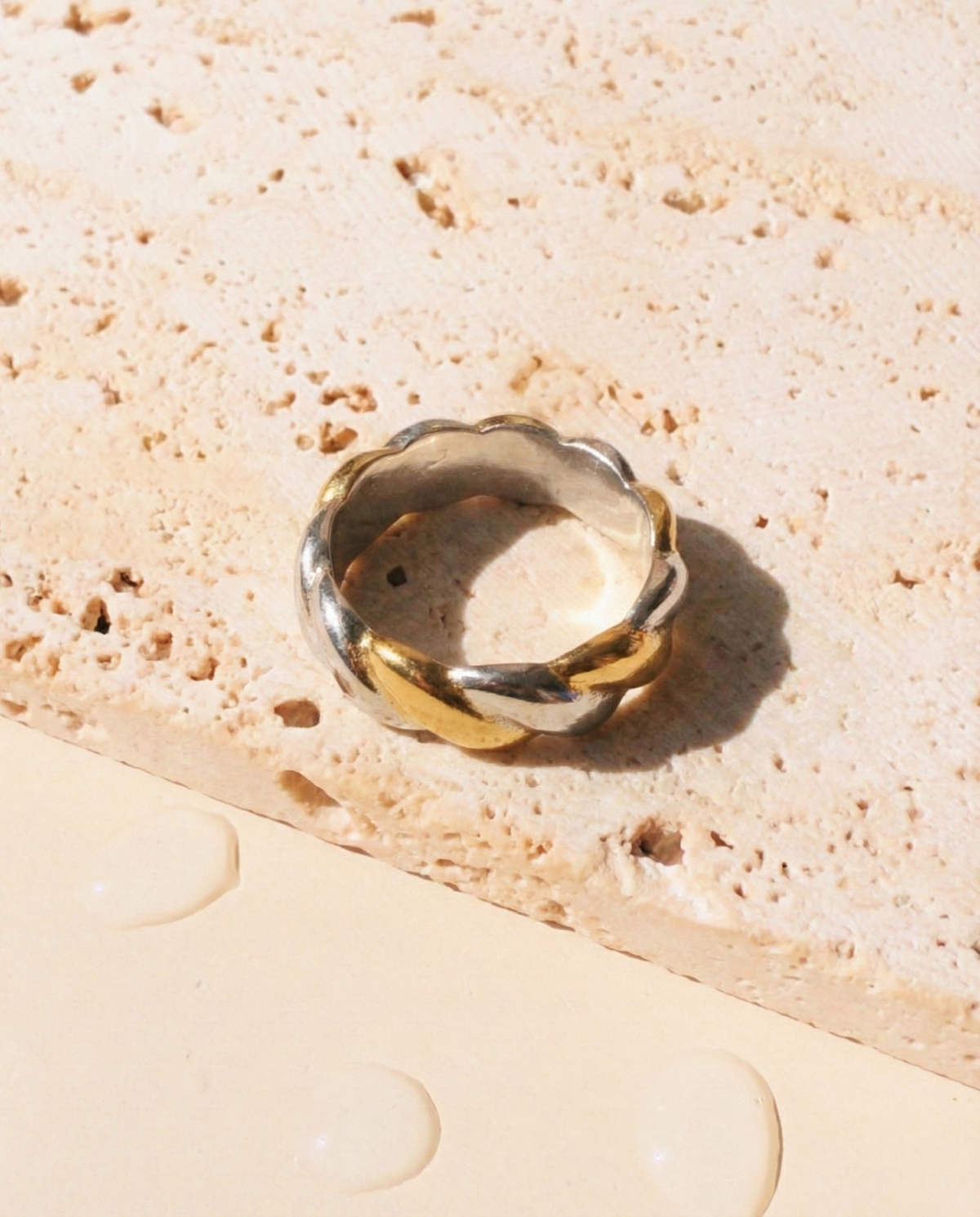 Fiorin (Two Tone) Wide Flat Twisted Silver Gold Rope Design Ring