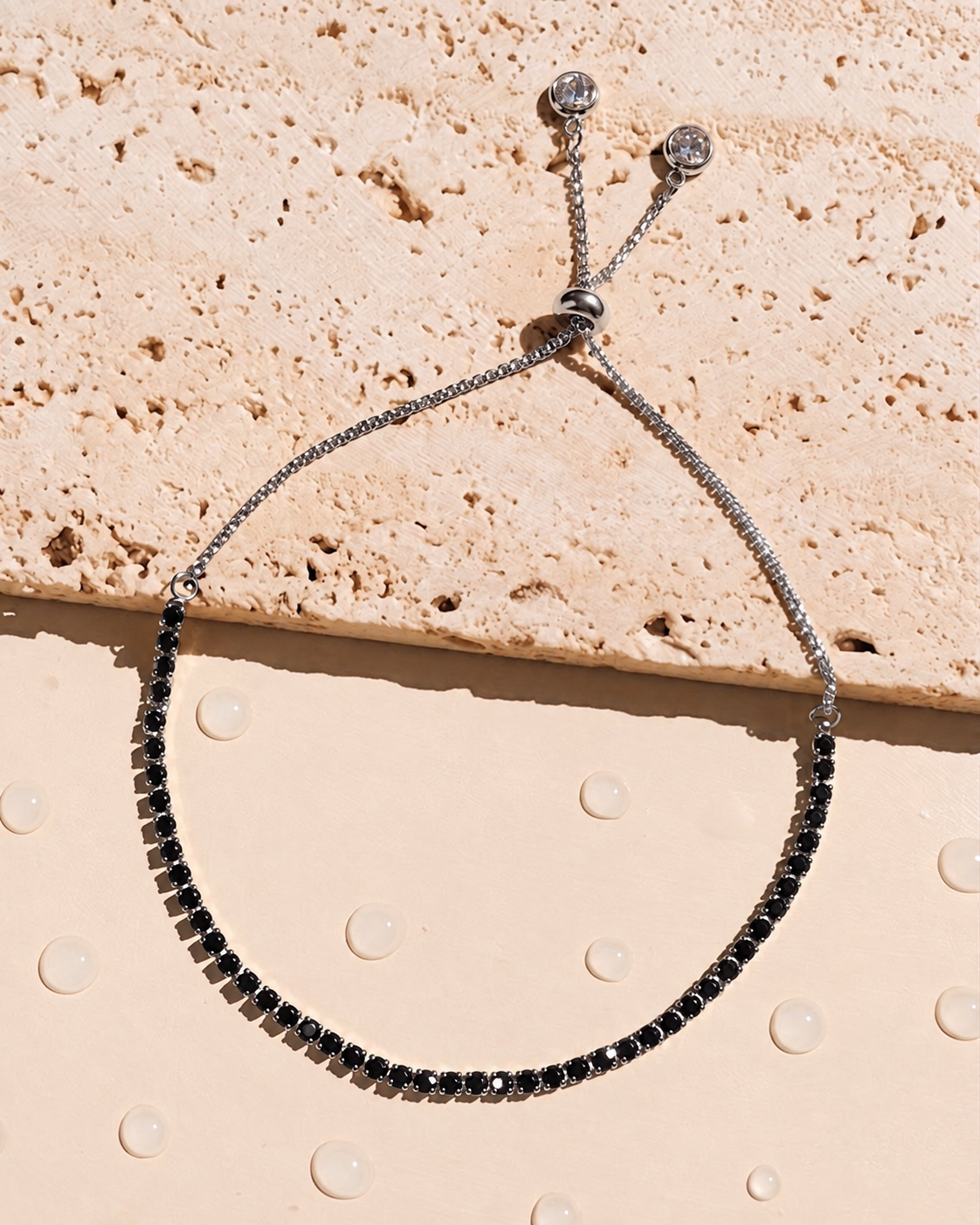 Gabbie (Black) Zircon Rectangular Tennis Chain Bezel Set Pull Adjustable Lock Design Silver Bracelet