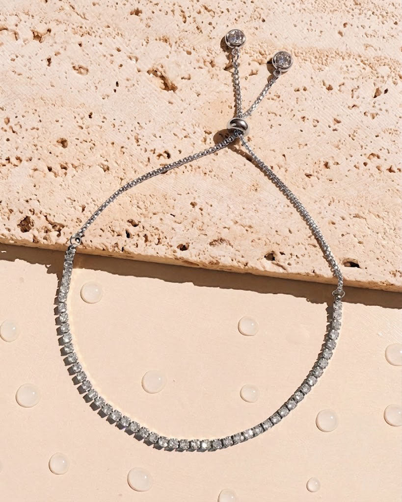 Gabbie (Silver) Zircon Rectangular Tennis Chain Bezel Set Pull Adjustable Lock Design Silver Bracelet