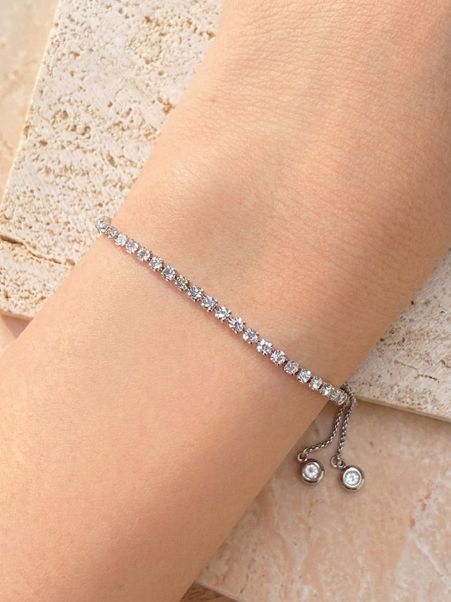 Gabbie (Silver) Zircon Rectangular Tennis Chain Bezel Set Pull Adjustable Lock Design Silver Bracelet