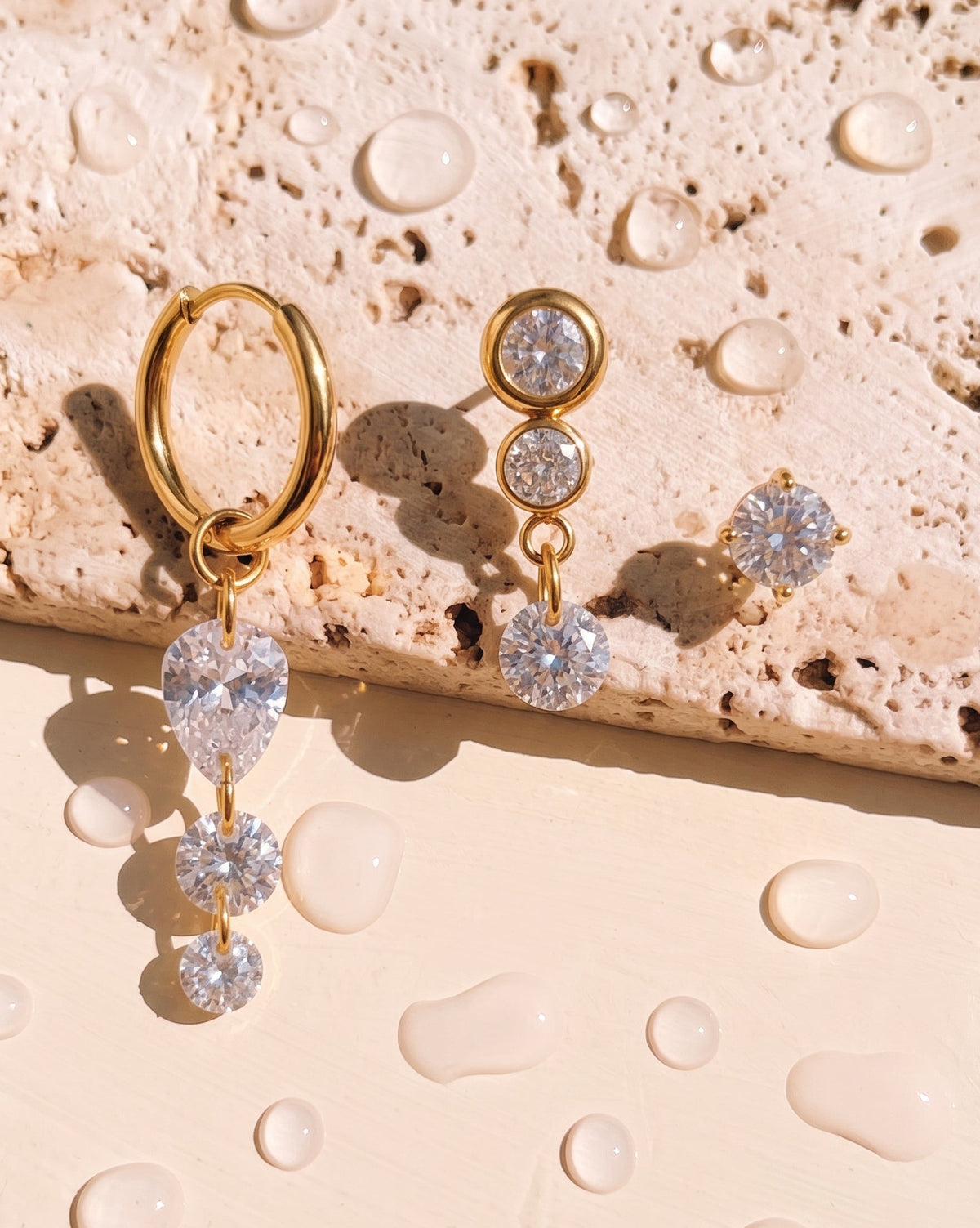 Gafna (Bundle Set) 3 Single Piece Thin Round Huggie Waterdrop Round Zircon Tassel Round Zircon Bezel Set Drop Dainty Zircon Stud Drop Piercing Gold Earrings