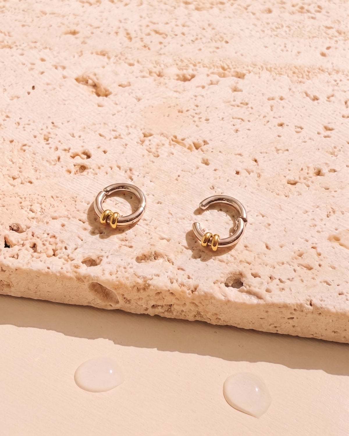 Gali Two Tone Silver Rounded C Shaped Clip On Cuff Two Tiny Gold Ring Dangle Cuff Earrings