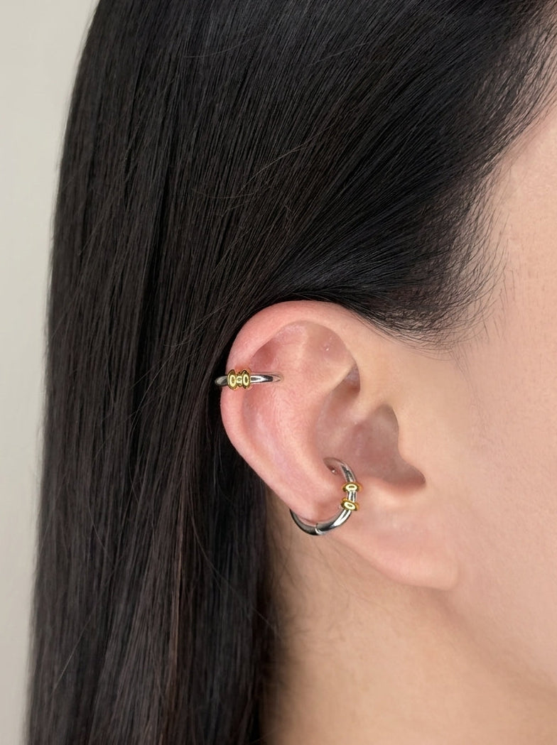 Gali Two Tone Silver Rounded C Shaped Clip On Cuff Two Tiny Gold Ring Dangle Cuff Earrings