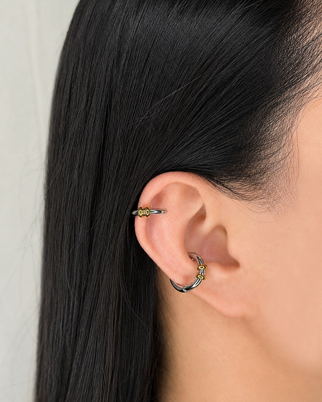 Gali Two Tone Silver Rounded C Shaped Clip On Cuff Two Tiny Gold Ring Dangle Cuff Earrings