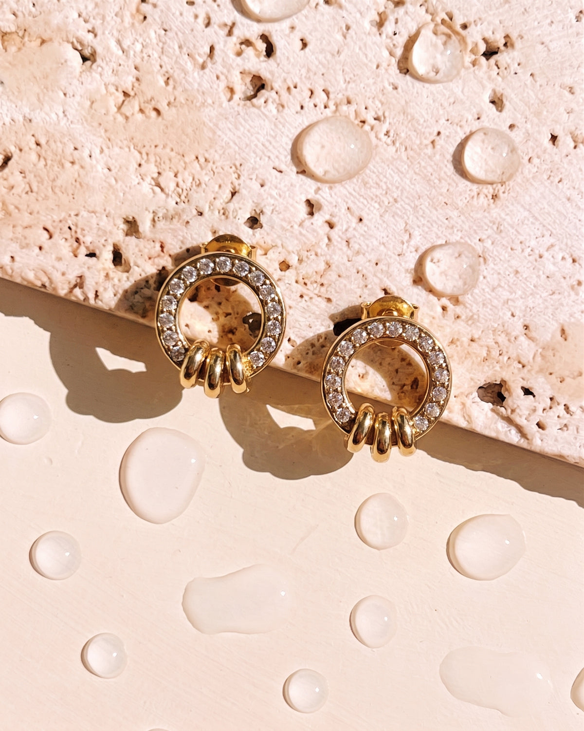 Gauri Zircon Paved Round Halo Design Stud Three Rings Gold Drop Earrings