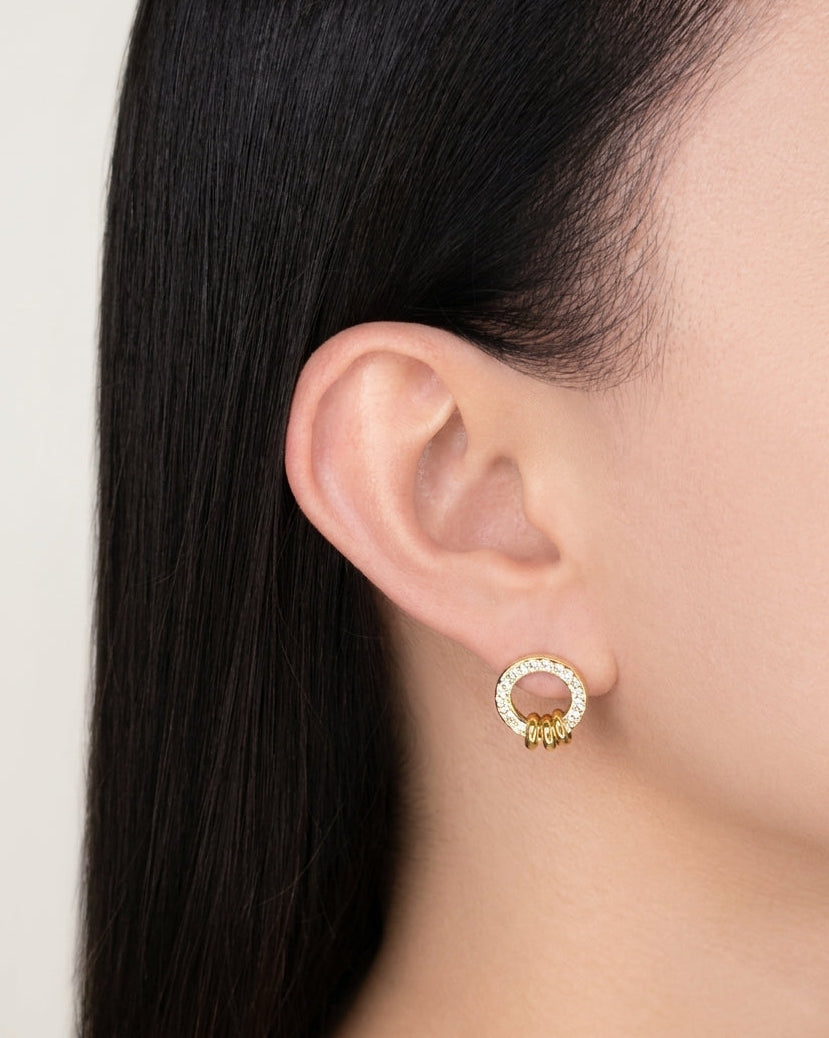 Gauri Zircon Paved Round Halo Design Stud Three Rings Gold Drop Earrings