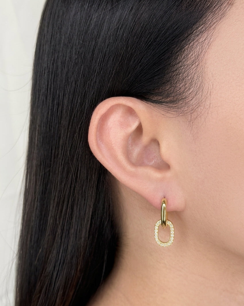 Gela Classic Oval Huggies Stacked Zircon Paved Oval Halo Design Gold Drop Earrings