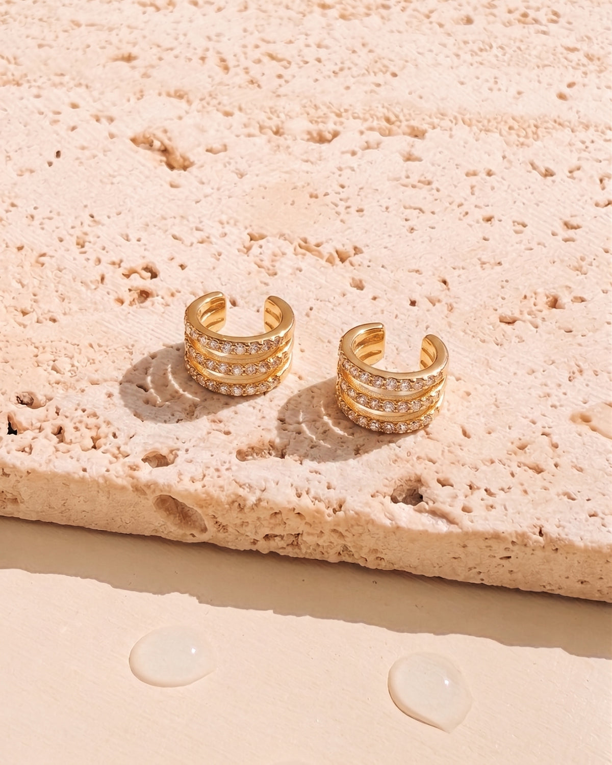 Gentry Triple Layer Zircon Paved Stacked C-Shaped Gold Cuff Earrings
