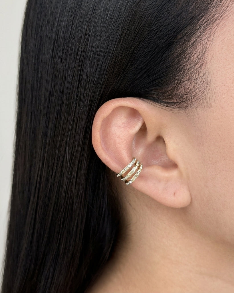 Gentry Triple Layer Zircon Paved Stacked C-Shaped Gold Cuff Earrings