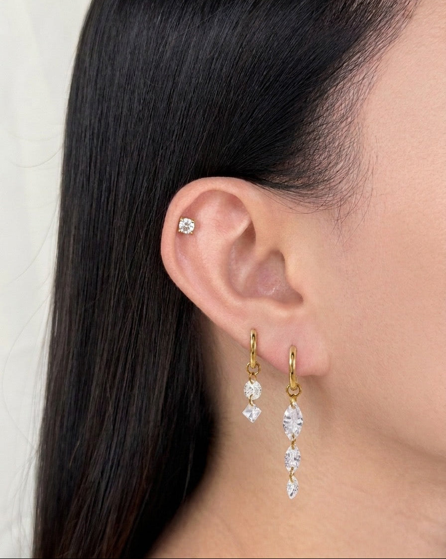 Ghada (Bundle Set) 3 Single Piece Thin Round Huggies Zircon Tassel Design Zircon Stud Piercing Gold Earrings