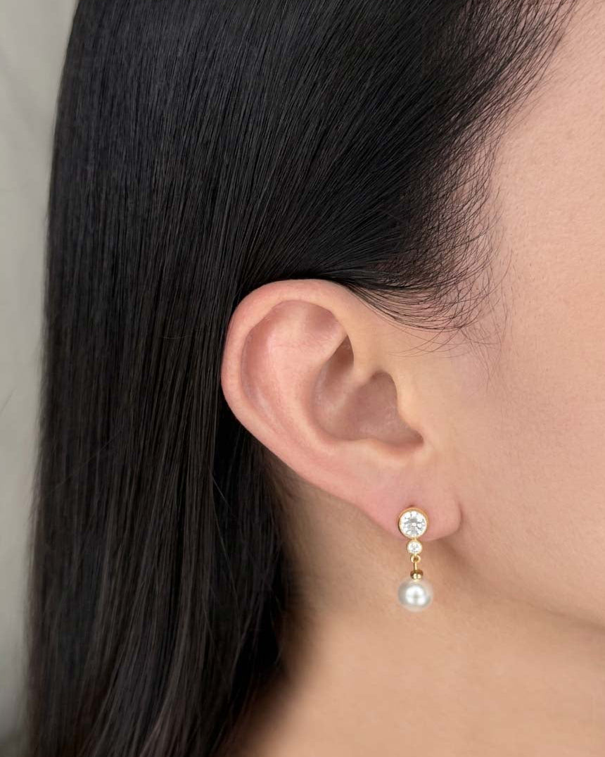 Ginger (Bundle Set) Tassel Design Big Small Round Zircon Bezel Set Pearl Dangle Gold Drop Earrings Tassel Design Big Small Round Zircon Bezel Set Pearl Dangle Pendant Classic Thin Link Chain Gold Necklace