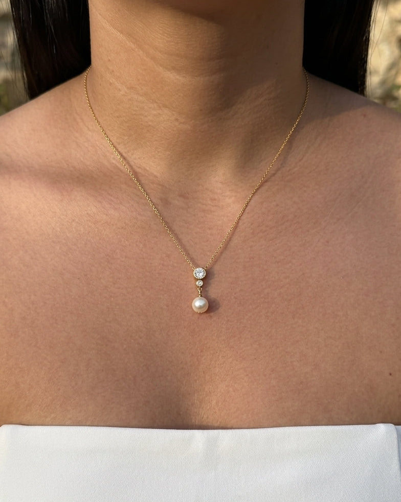Ginger (Bundle Set) Tassel Design Big Small Round Zircon Bezel Set Pearl Dangle Gold Drop Earrings Tassel Design Big Small Round Zircon Bezel Set Pearl Dangle Pendant Classic Thin Link Chain Gold Necklace