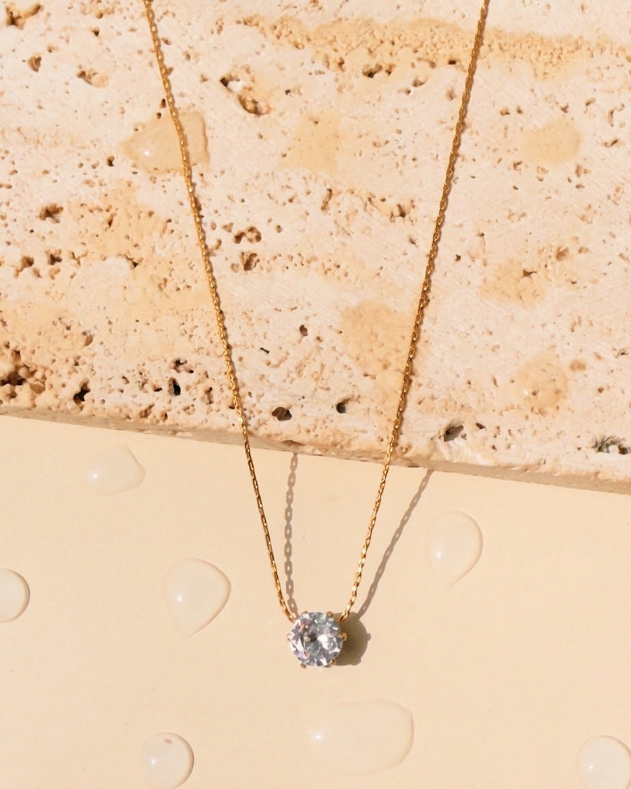 Gladys (Gold) Round Zircon Bezel Crowned Setting Pendant Thin Anchor Chain Gold Necklace