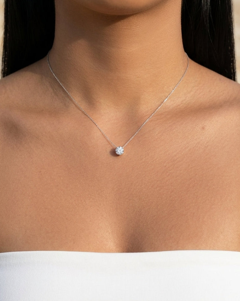 Gladys (Silver) Round Zircon Bezel Crowned Setting Pendant Thin Anchor Chain Silver Necklace