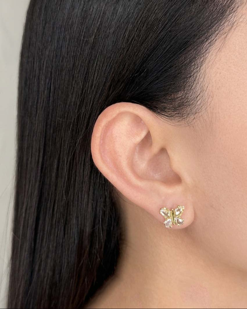 Gonda Butterfly Shaped Zircon Wings Bezel Set Gold Stud Earrings