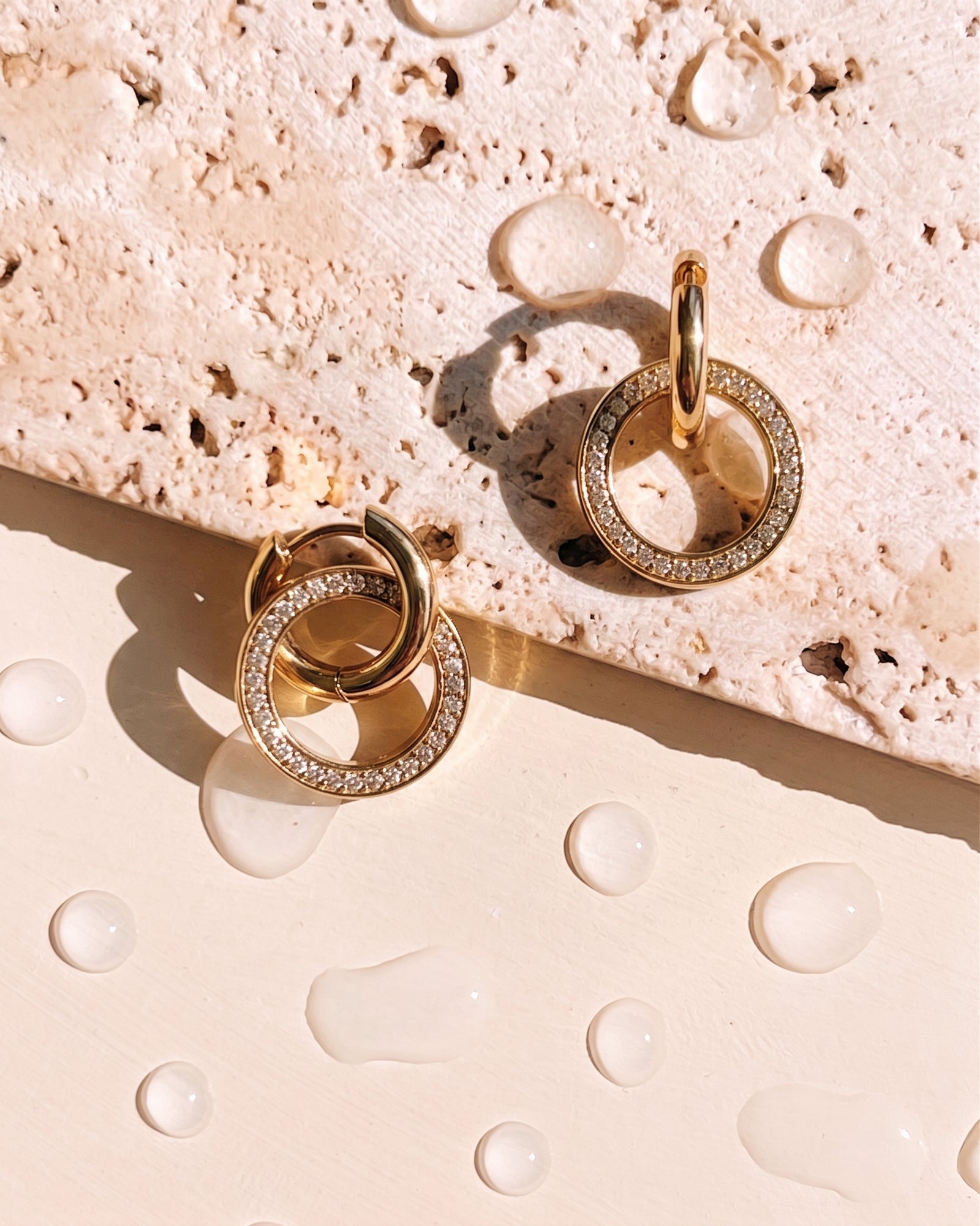 Grazia Classic Round Hoops Stacked Zircon Paved Round Halo Design Gold Drop Earrings