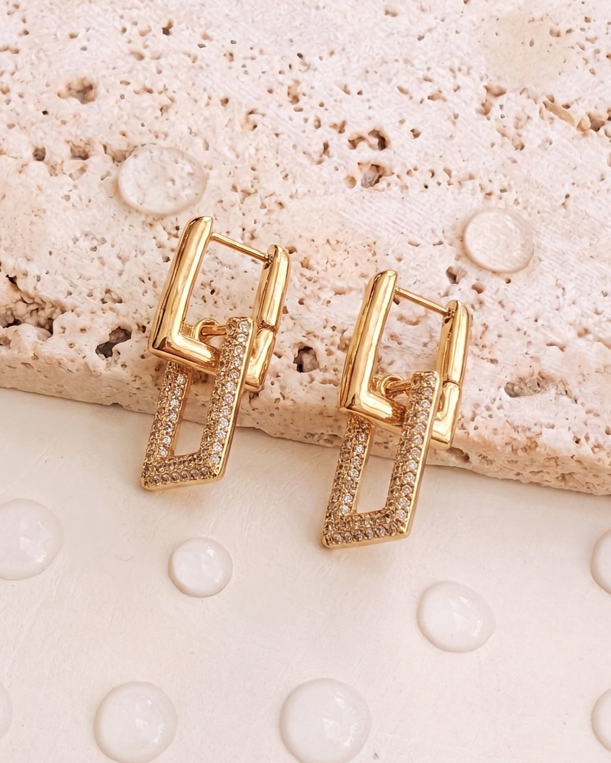 Gussie (Gold)  Stacked Double Rounded Rectangular Zircon Paved Chain Design Gold Drop Earrings