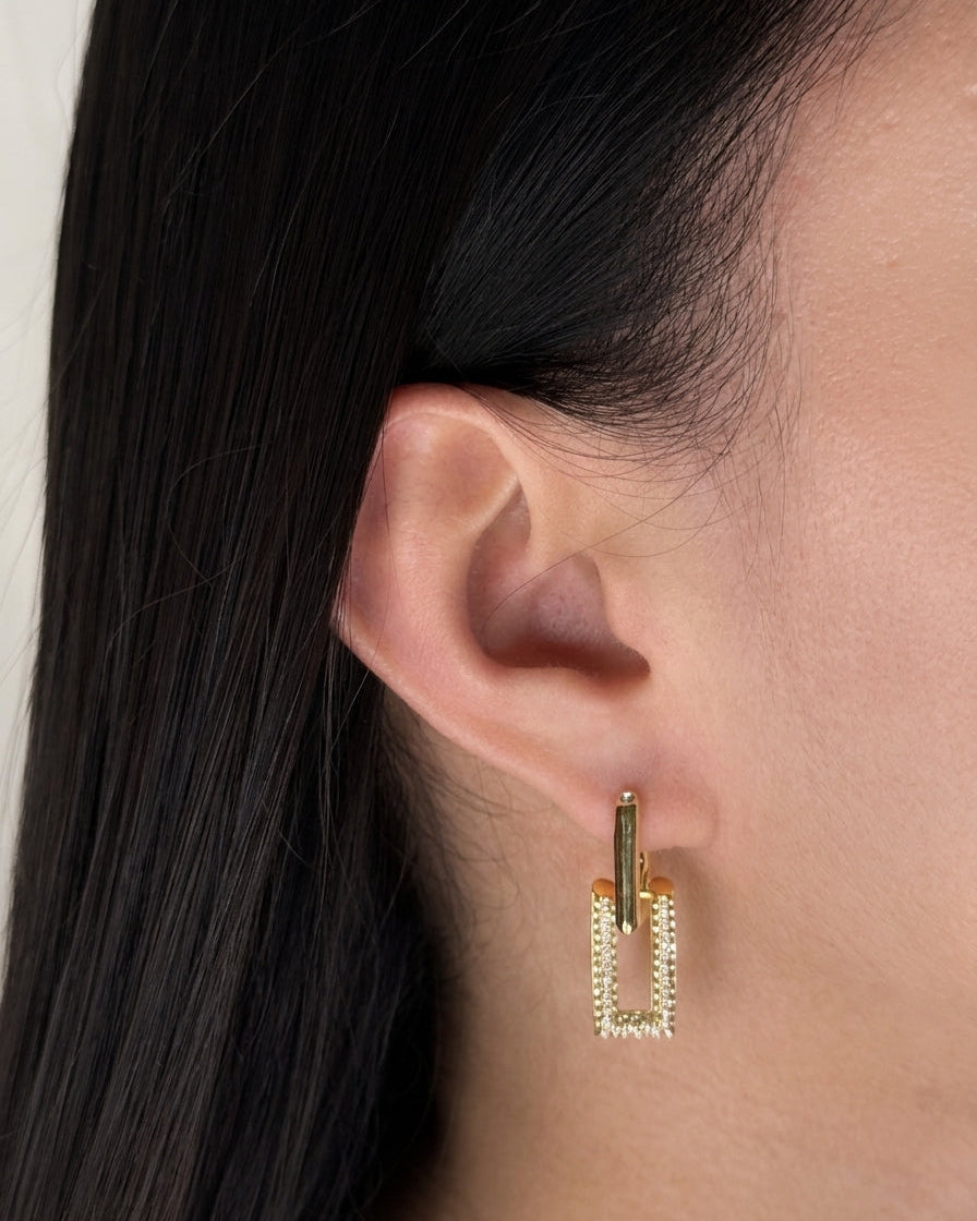 Gussie (Gold)  Stacked Double Rounded Rectangular Zircon Paved Chain Design Gold Drop Earrings