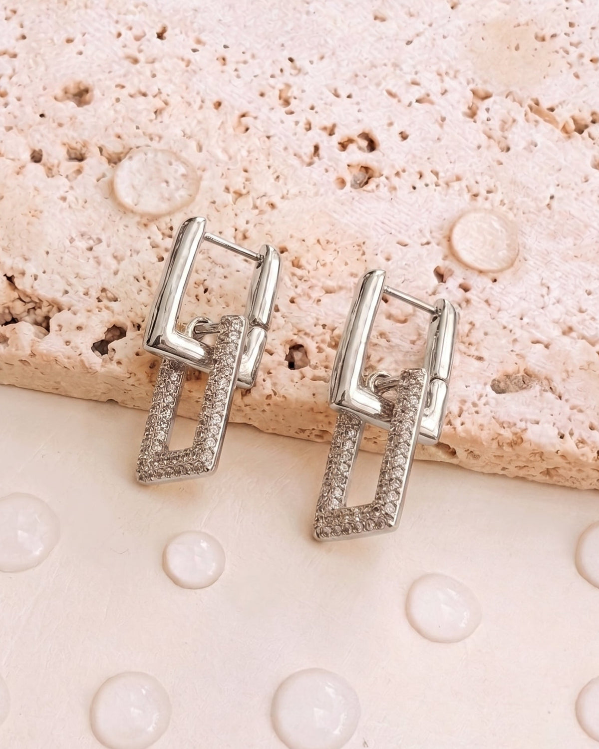 Gussie (Silver)  Stacked Double Rounded Rectangular Zircon Paved Chain Design Silver Drop Earrings