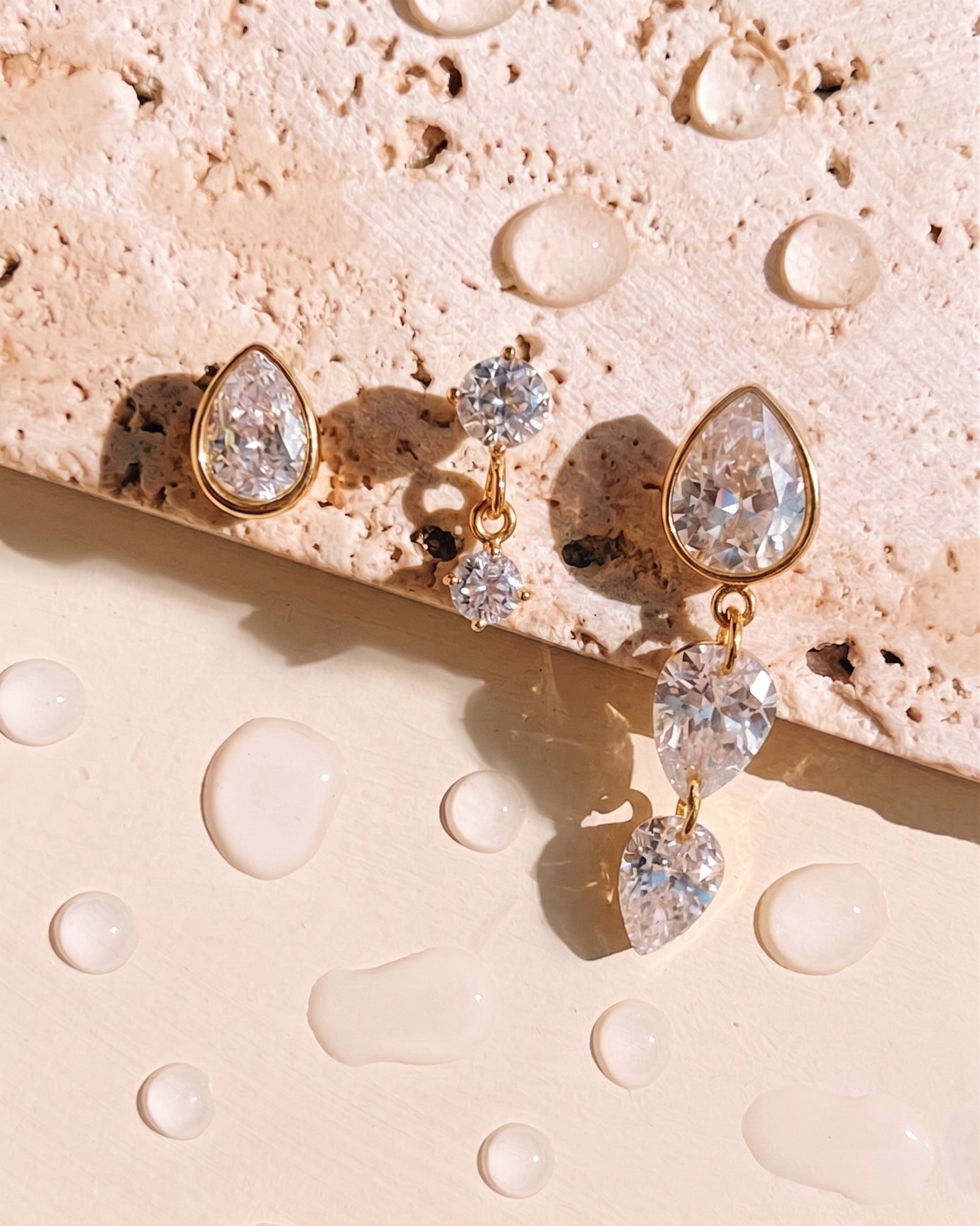 Gytha (Bundle Set) 3 Single Piece Stud Earrings Waterdrop Zircon Tassel Design Round Dainty Zircon Stud Drop Waterdrop Zircon Stud Piercing Gold Earrings
