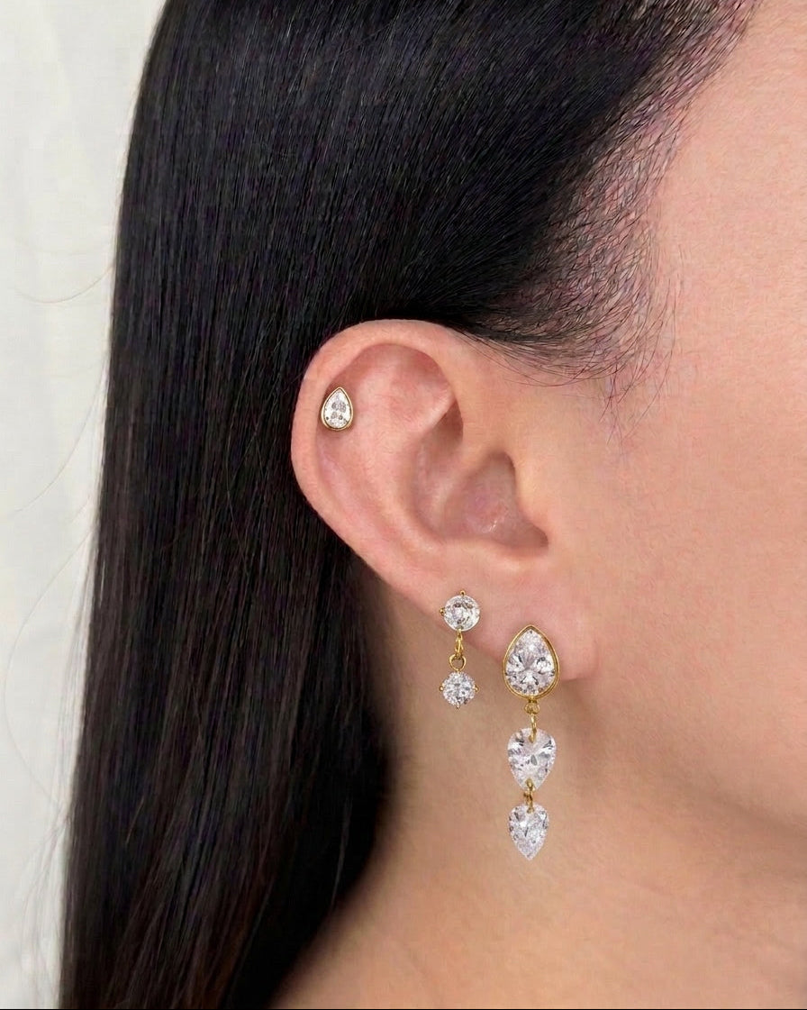 Gytha (Bundle Set) 3 Single Piece Stud Earrings Waterdrop Zircon Tassel Design Round Dainty Zircon Stud Drop Waterdrop Zircon Stud Piercing Gold Earrings