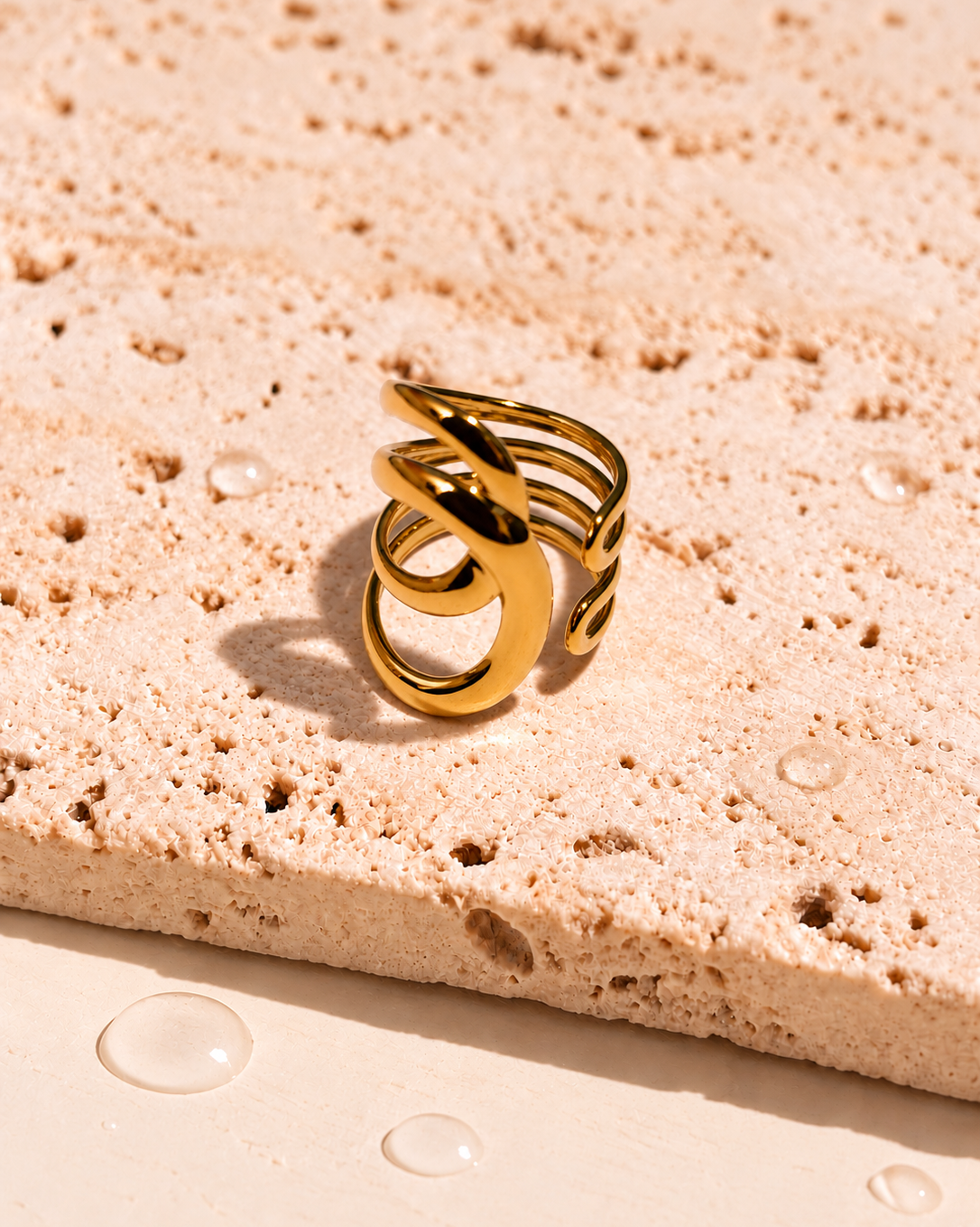 Halima Multi Layer Hollow Overlapping Wide Thin Wavy Design Band Open Gold Ring