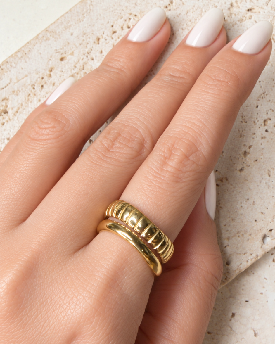 Hafsa Double Layer Wide Textured  Smooth Thin Slanted Design Band Open Gold Ring