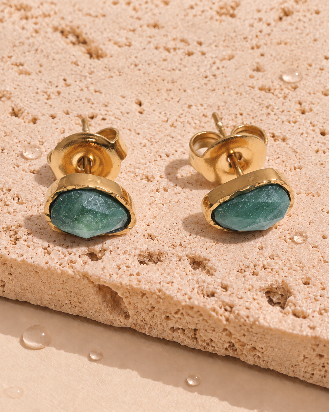 Hallie (Green) Irregular Shaped Green Natural Stone Inlaid Bezel Set Gold Stud Earrings
