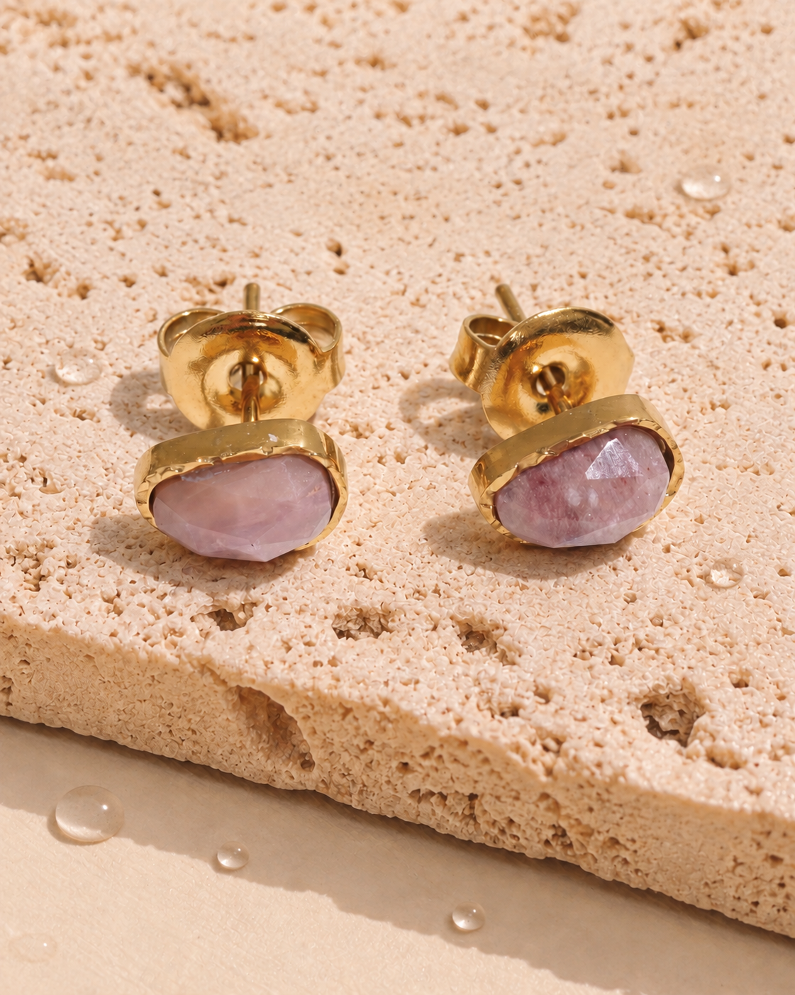 Hallie (Pink) Irregular Shaped Pink Natural Stone Inlaid Bezel Set Gold Stud Earrings