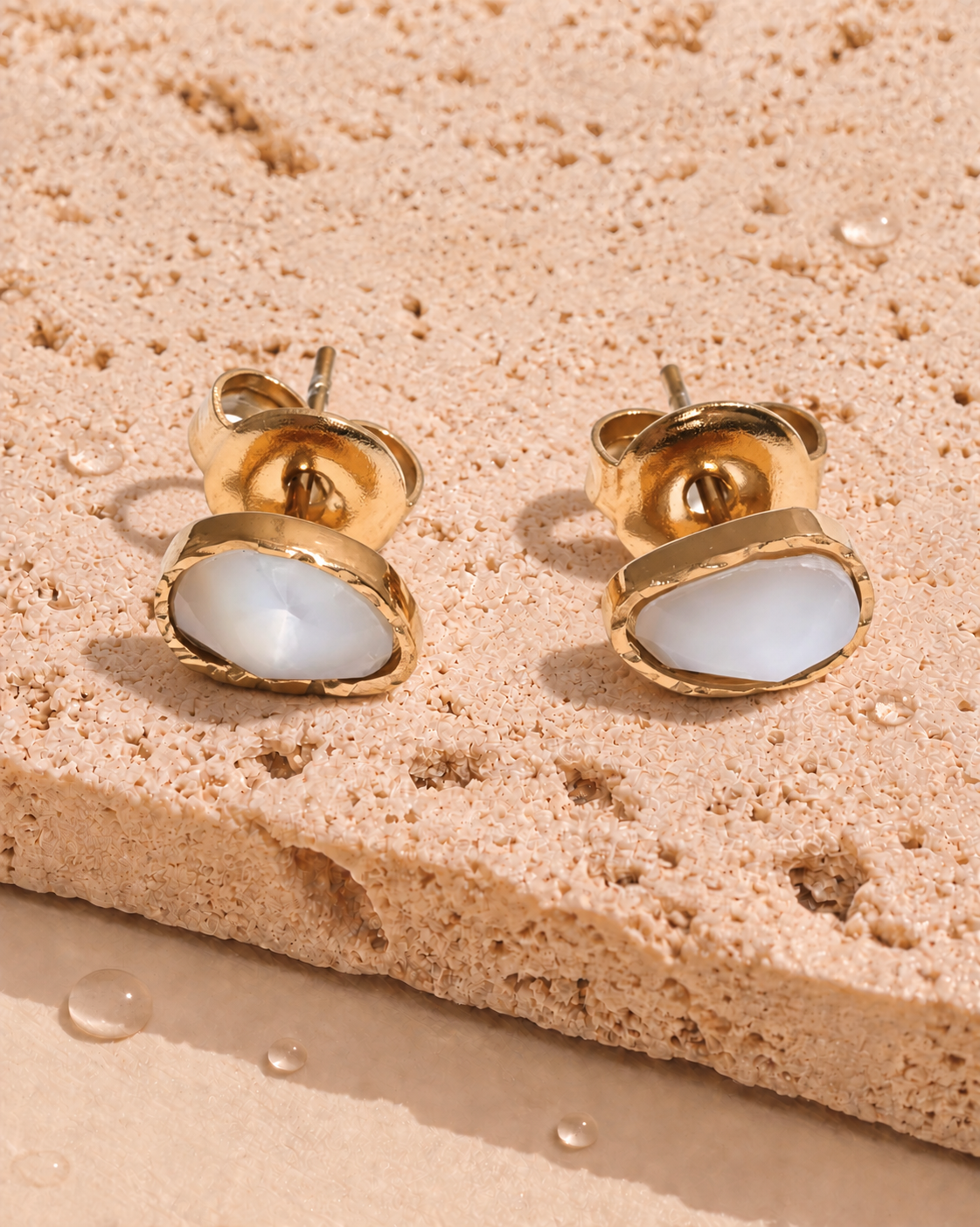 Hallie (White) Irregular Shaped White Natural Stone Inlaid Bezel Set Gold Stud Earrings