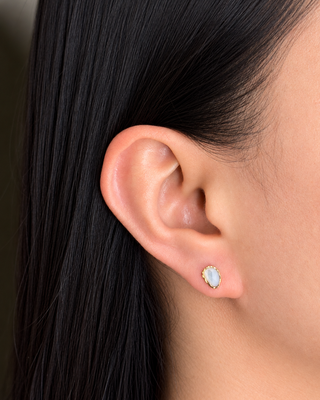 Hallie (White) Irregular Shaped White Natural Stone Inlaid Bezel Set Gold Stud Earrings