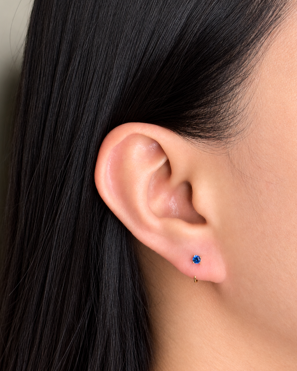 Harper (Blue Gold) Minimalist Round Blue Zircon Crowned Set J Hook Floating Design Gold Stud Earrings