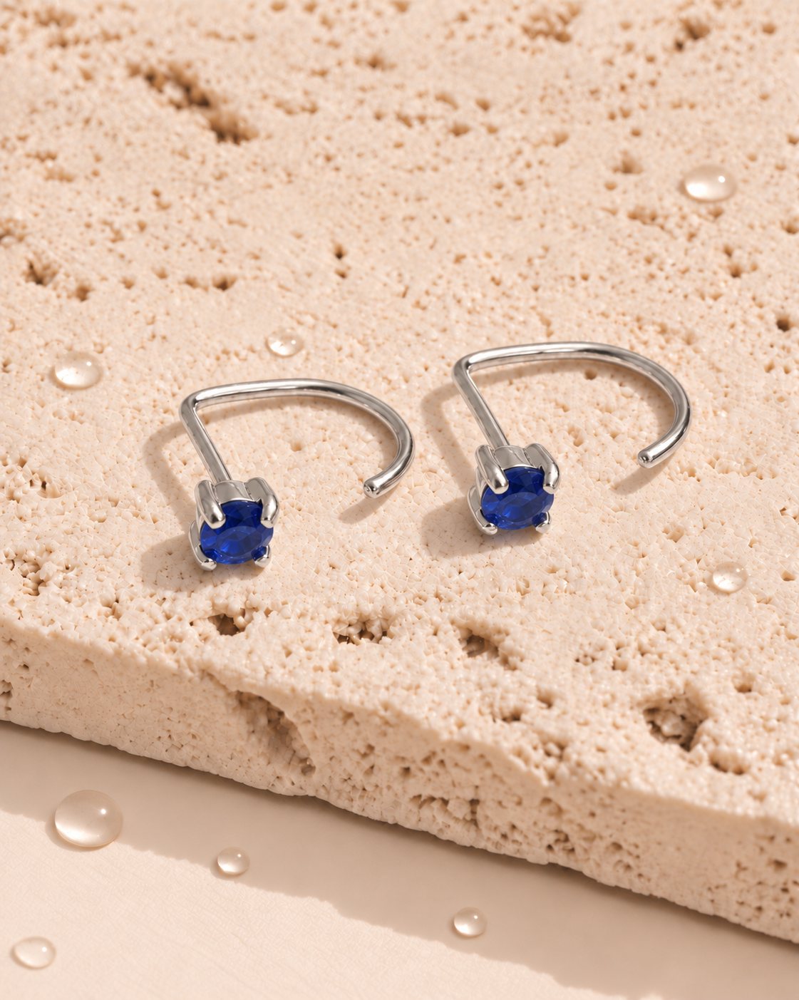 Harper (Blue Silver) Minimalist Round Blue Zircon Crowned Set J Hook Floating Design Silver Stud Earrings