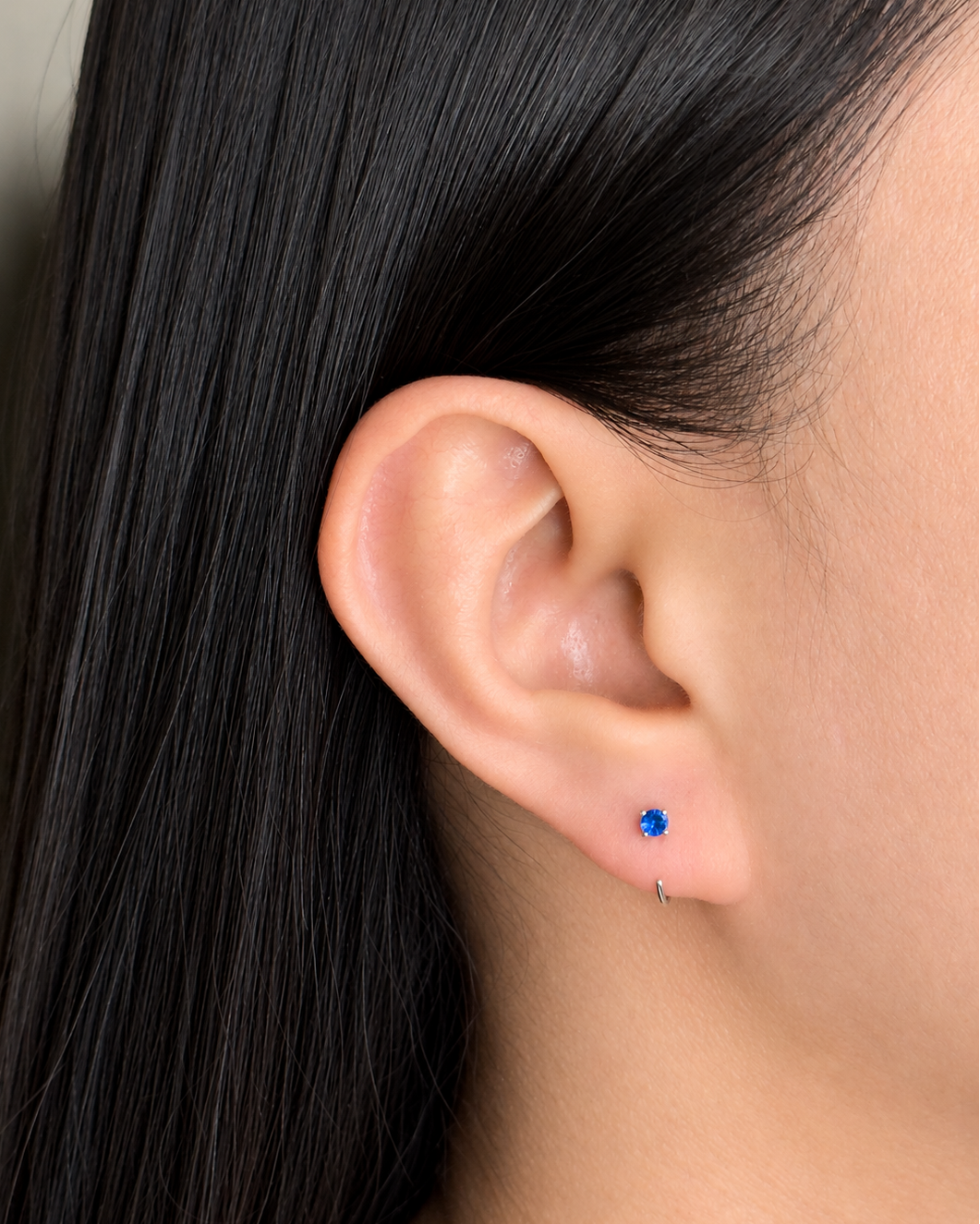 Harper (Blue Silver) Minimalist Round Blue Zircon Crowned Set J Hook Floating Design Silver Stud Earrings