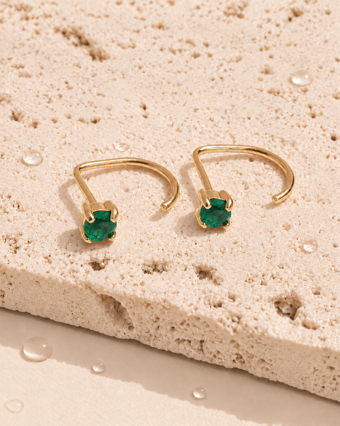 Harper (Green Gold) Minimalist Round Green Zircon Crowned Set J Hook Floating Design Gold Stud Earrings