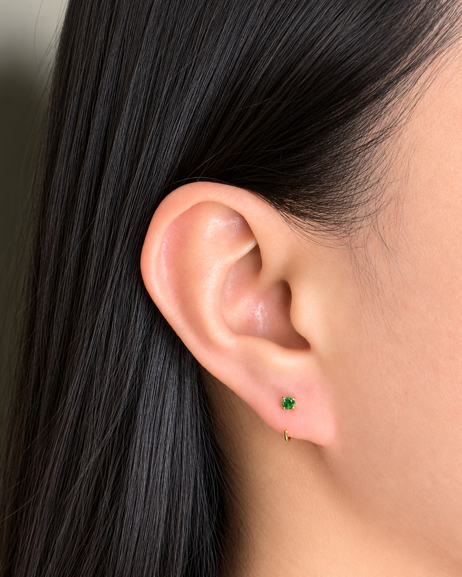 Harper (Green Gold) Minimalist Round Green Zircon Crowned Set J Hook Floating Design Gold Stud Earrings