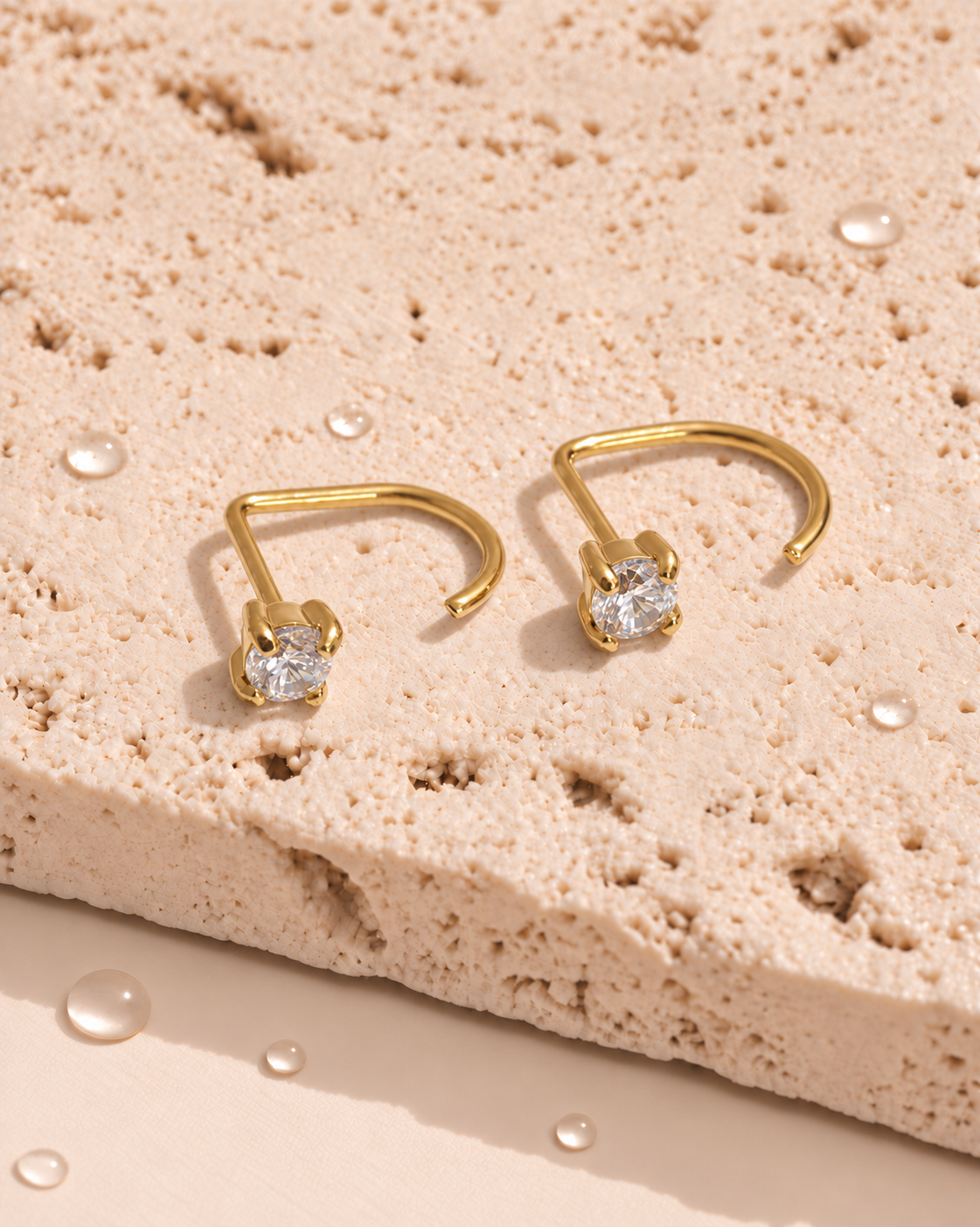 Harper (White Gold) Minimalist Round Clear Zircon Crowned Set J Hook Floating Design Gold Stud Earrings