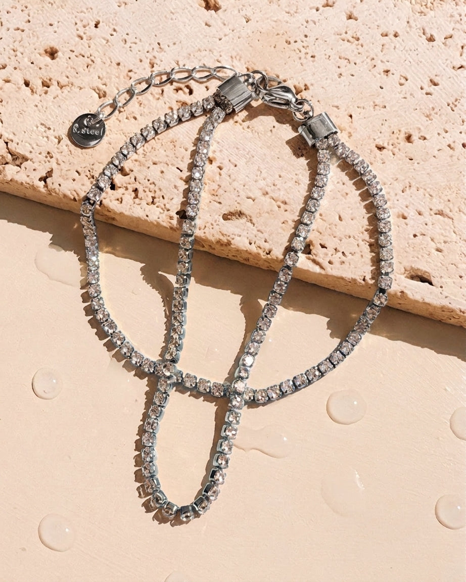 Harrie (Silver) Double Layer Tennis Chain Rounded Zircon Bezel Set Design Silver Bracelet
