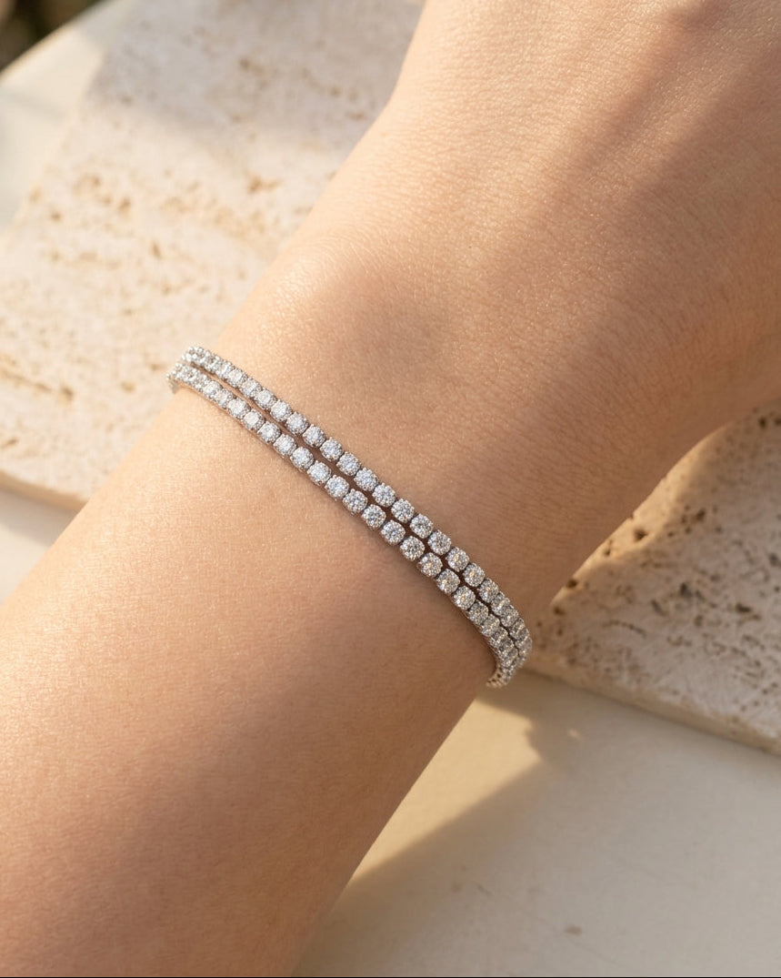 Harrie (Silver) Double Layer Tennis Chain Rounded Zircon Bezel Set Design Silver Bracelet