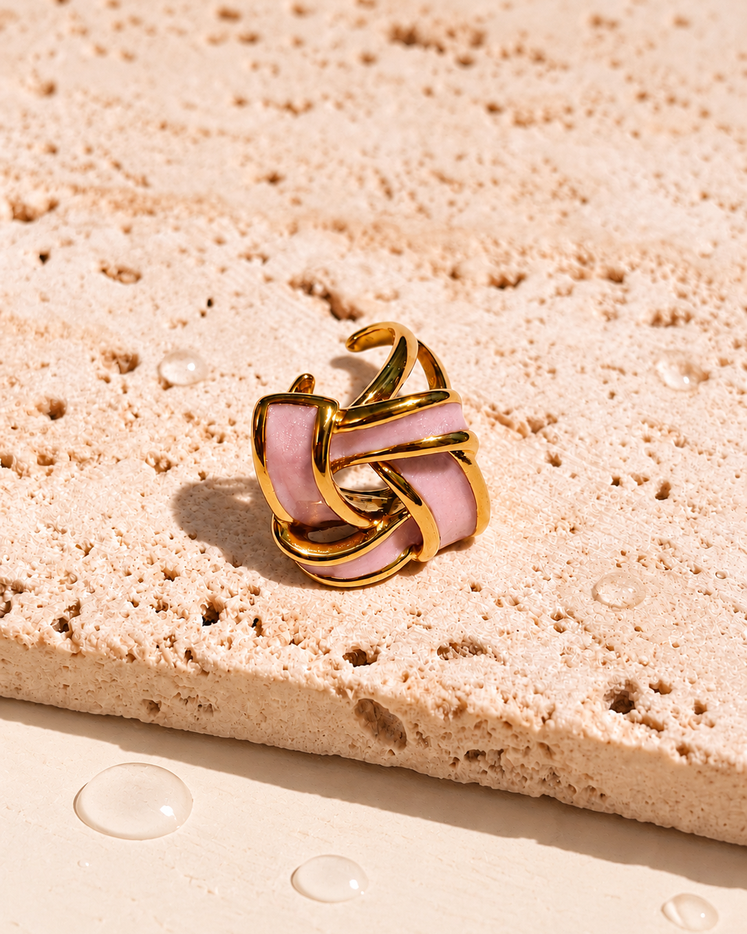 Hawa (Pink) Chunky Enamel Knot Design Open Band Gold Ring