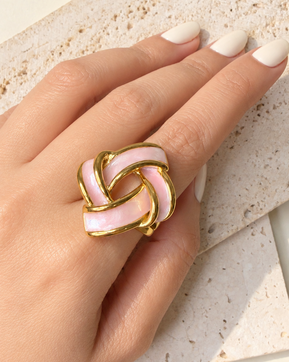 Hawa (Pink) Chunky Enamel Knot Design Open Band Gold Ring