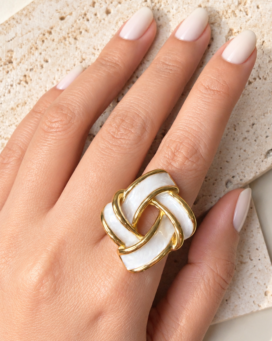 Hawa (White) Chunky Enamel Knot Design Open Band Gold Ring