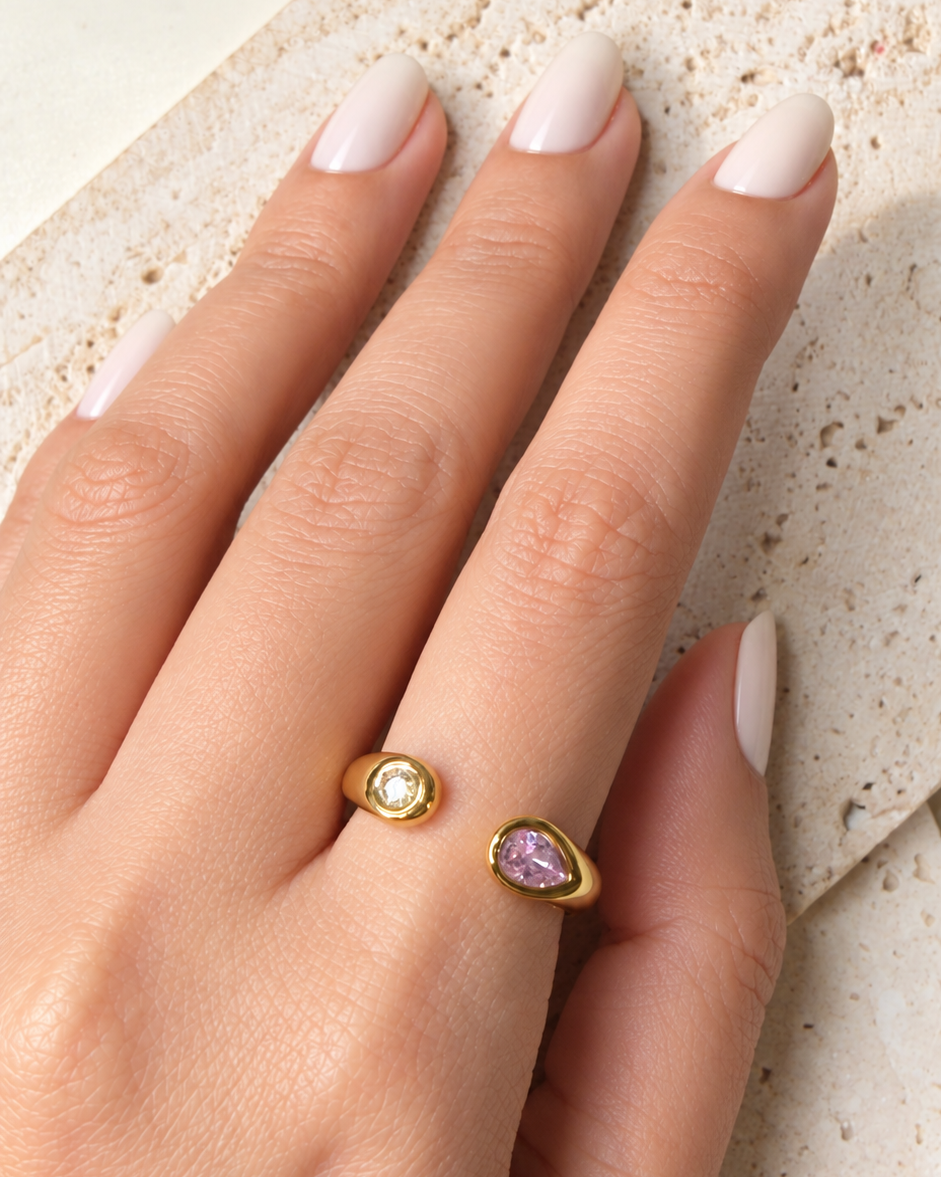 Holland (Pink) Zircon Dual Top Small Big Snake Head Design Open Band Gold Ring
