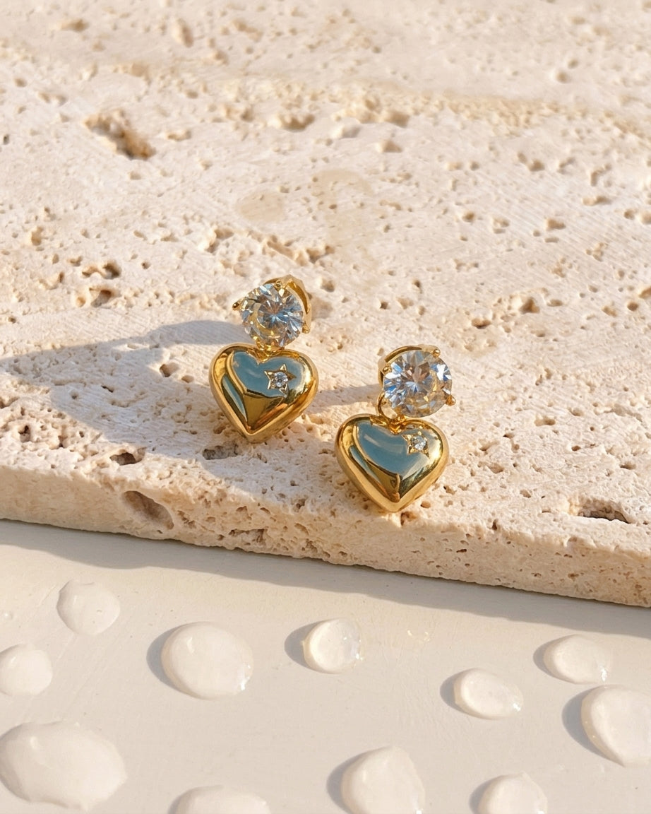 Illiana Round Zircon Bezel Set Stud Solid Heart Shaped Zircon Star Design Dangle Gold Drop Earrings